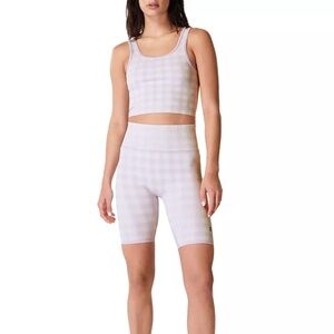 Sweaty Betty retro pink and white gingham biker shorts and top coord set NWT
